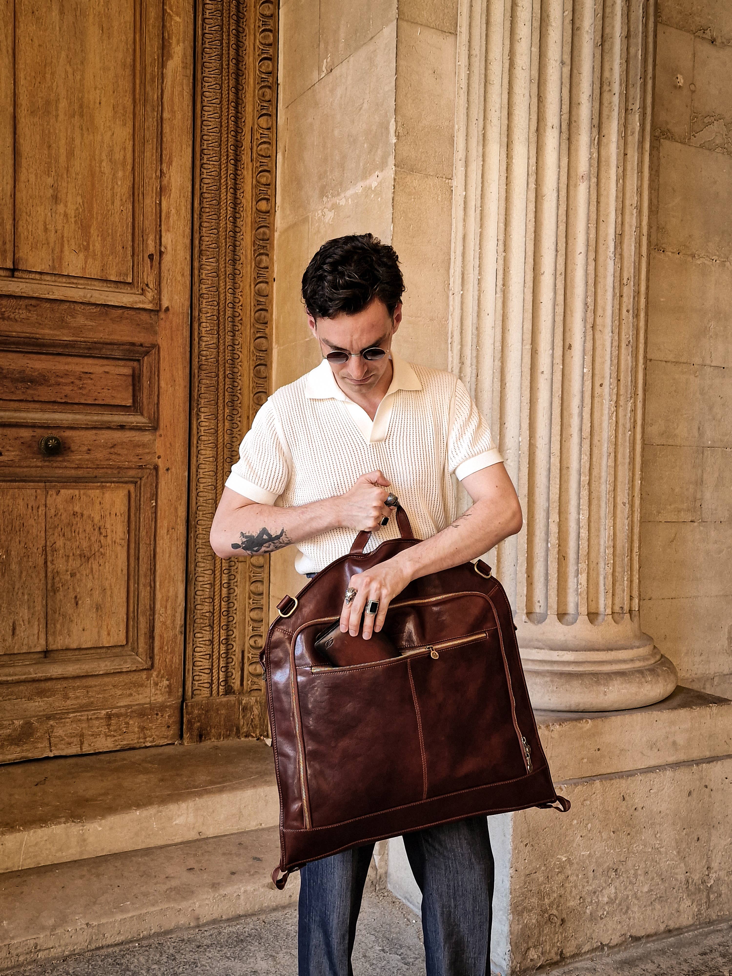 Italian Leather Garment Bag - Travels with Charley | Brown | Time Resistenace