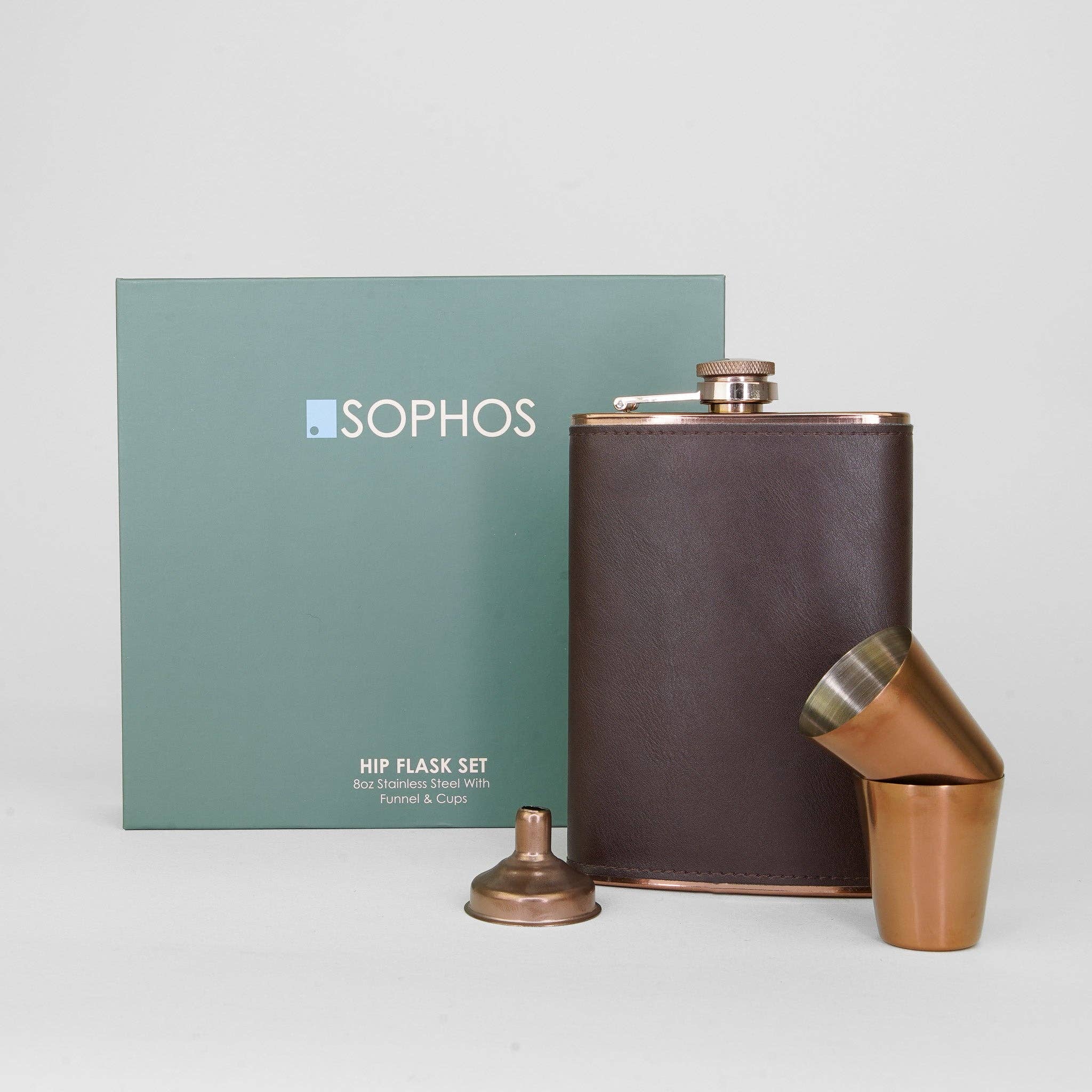 Copper and Brown Hip Flask 4-Piece Gift Set - 8 Oz | Sophos
