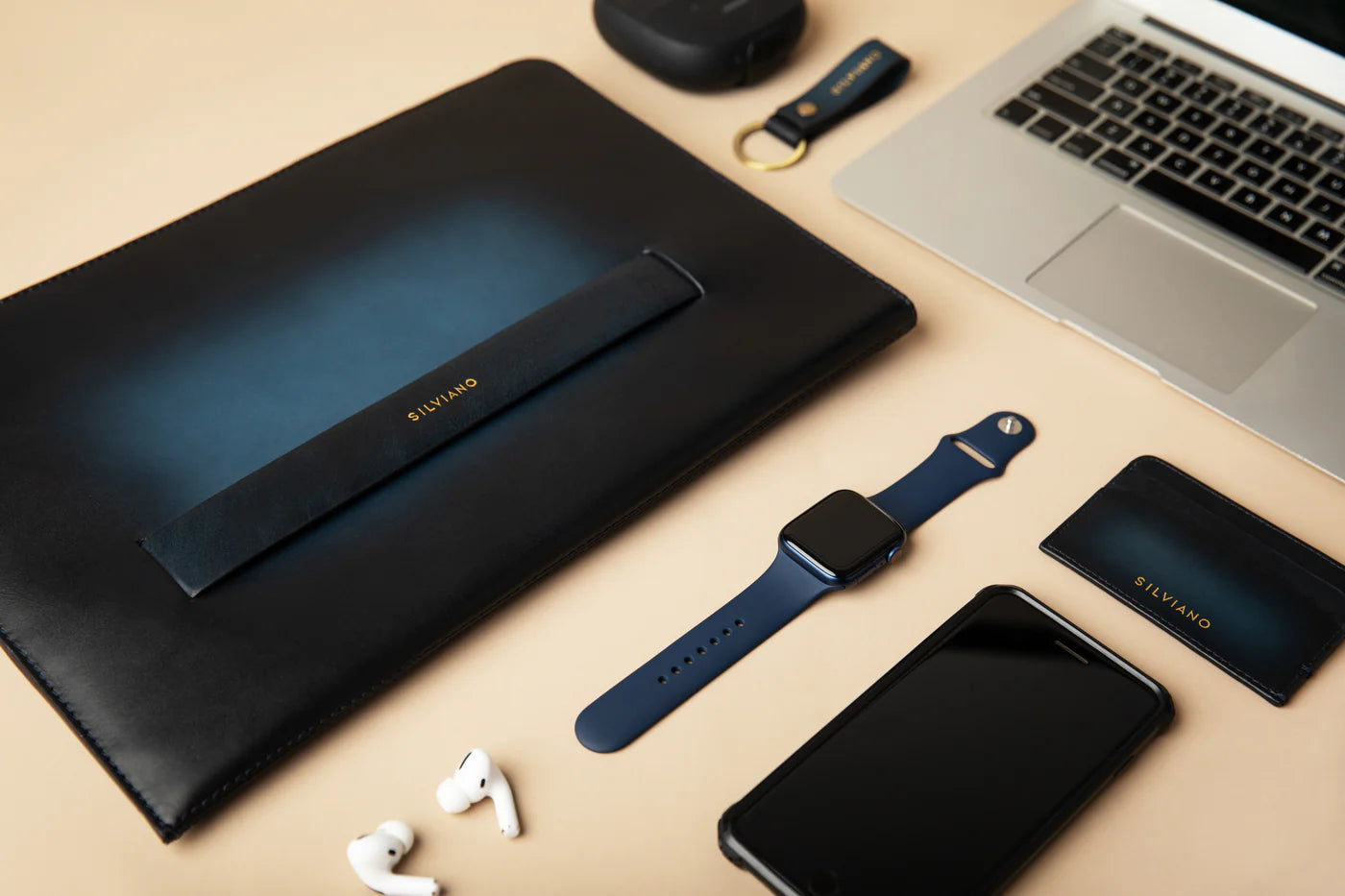 Silviano 16" Leather Laptop Sleeve | Deep Blue | Luxury