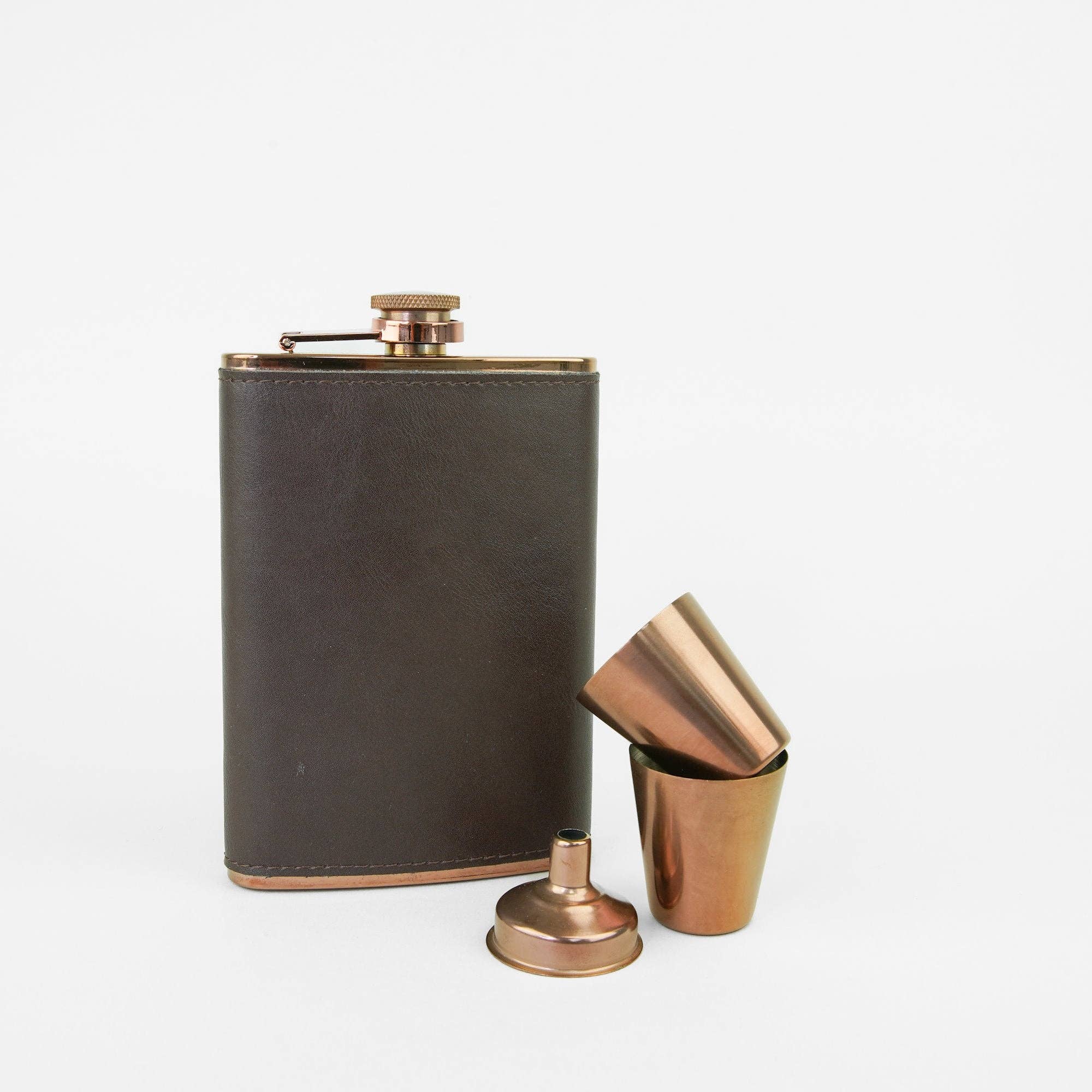 Copper and Brown Hip Flask 4-Piece Gift Set - 8 Oz | Sophos