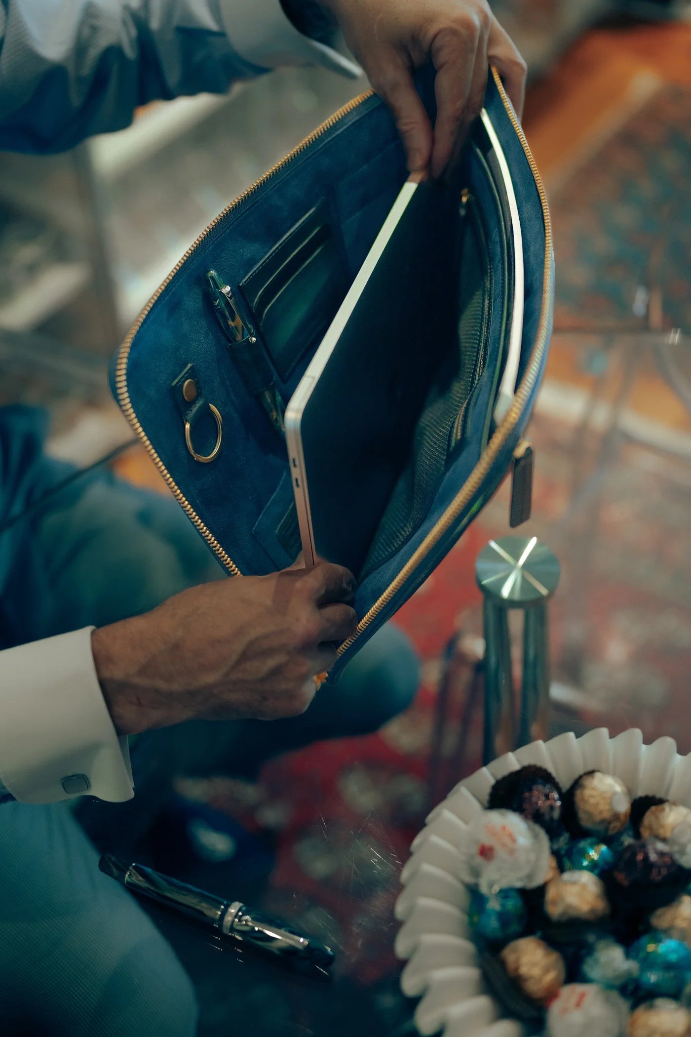 Silviano 16" Leather Laptop Sleeve | Deep Blue | Luxury