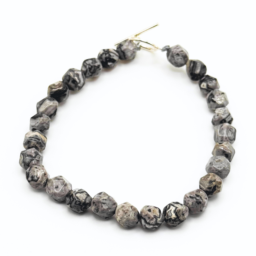 Mens 925 Sterling Silver Hexagonal Picasso Jasper Crystal Bracelet