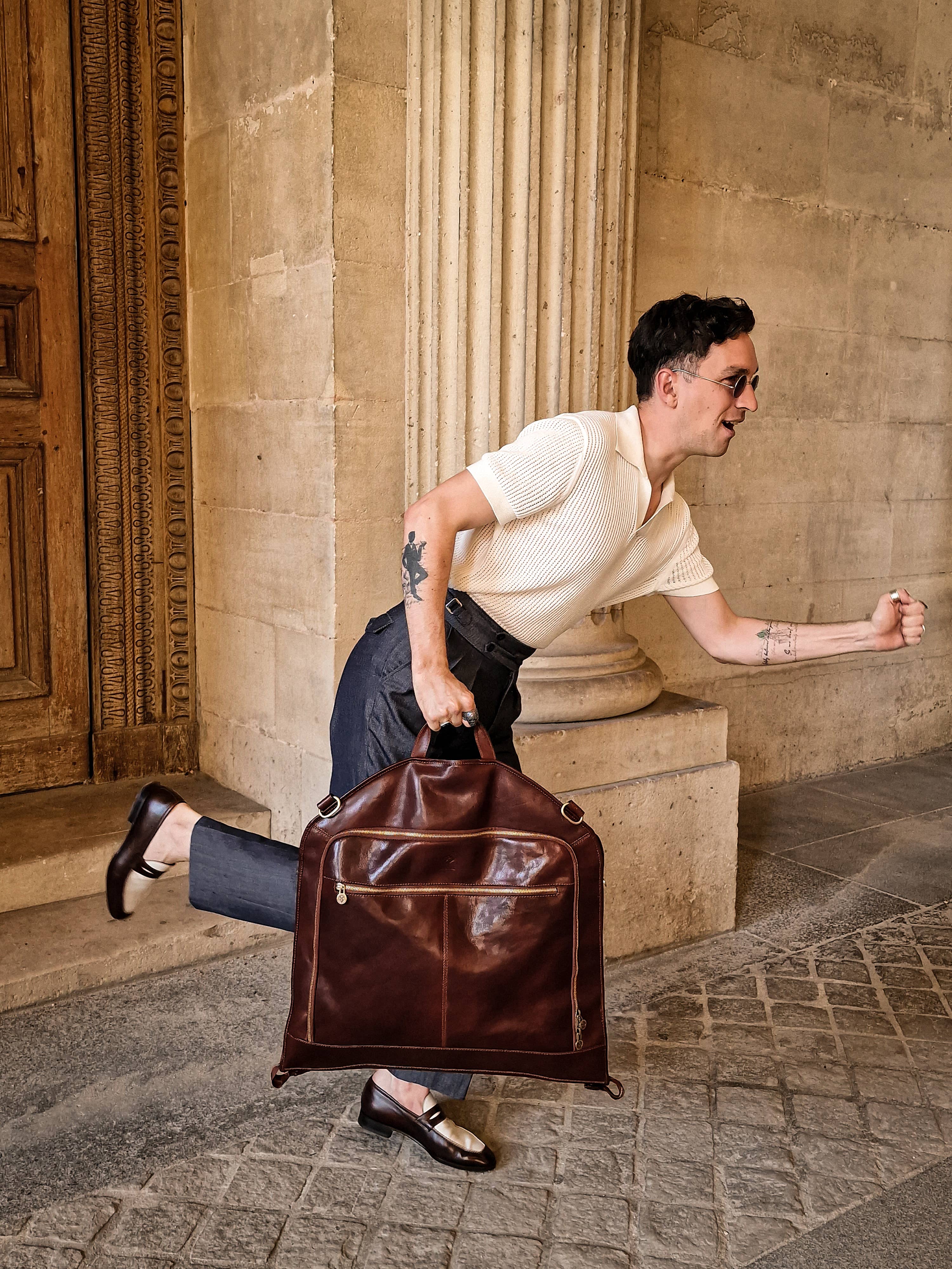 Italian Leather Garment Bag - Travels with Charley | Brown | Time Resistenace