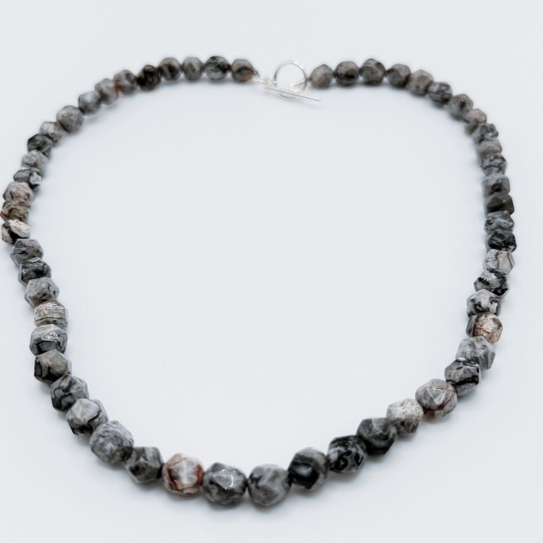 Mens 925 Sterling Silver Hexagonal Picasso Jasper Crystal Necklace