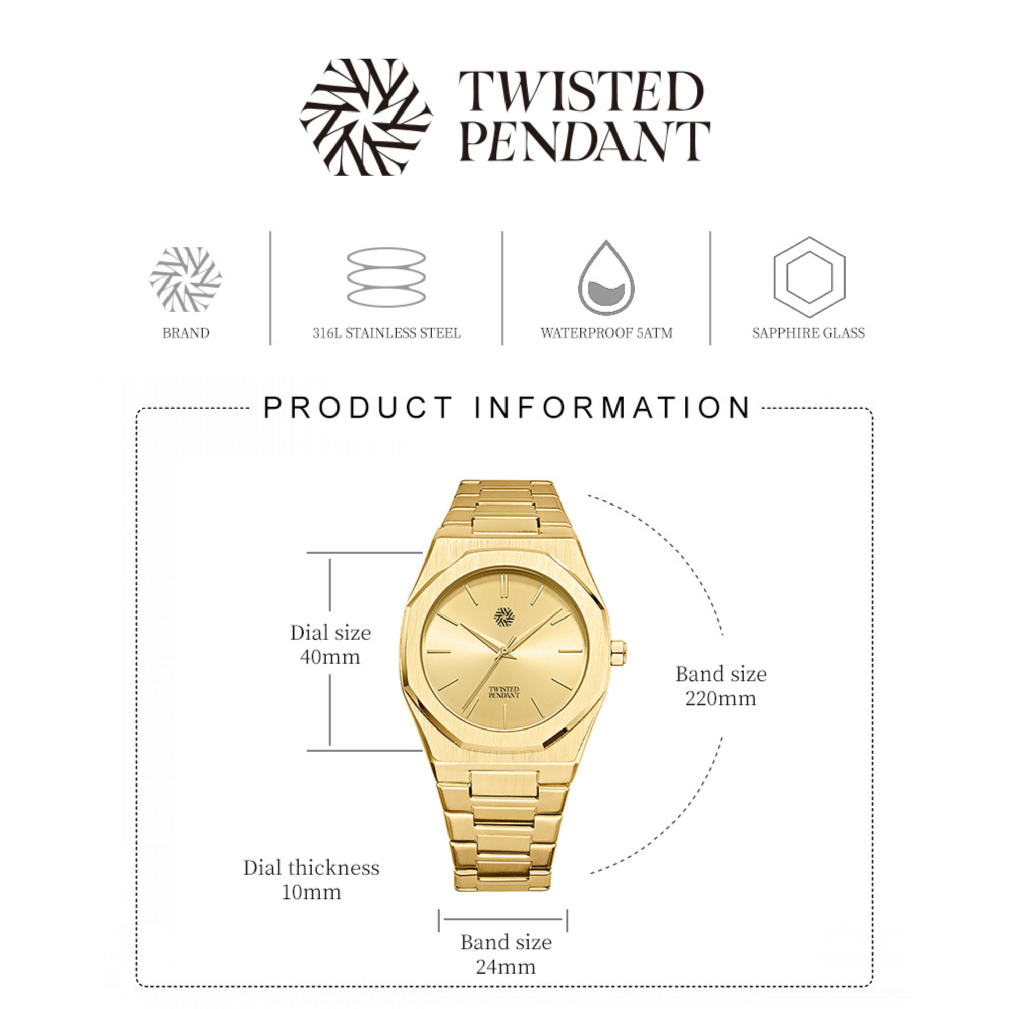Gold Stainless Steel Watch | Twisted Pendant