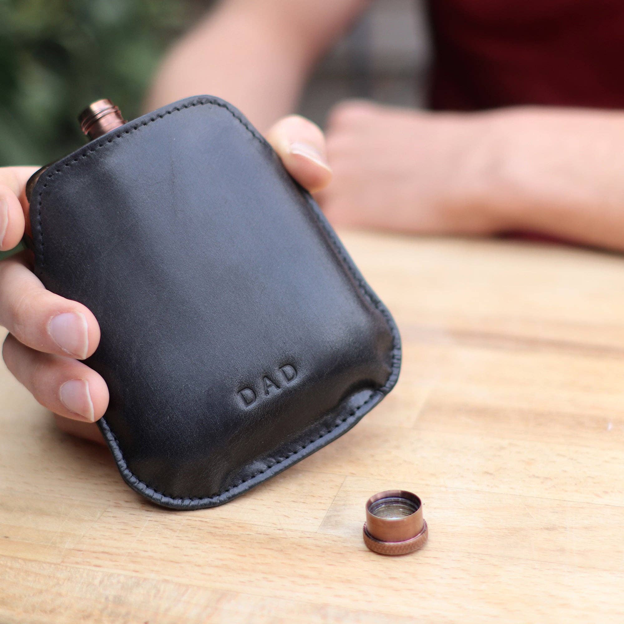Copper Hip Flask With Vintage Leather Sleeve - Black