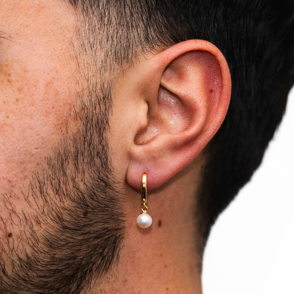 18k Gold Pearl Dangle Hoop Earrings (single) | Twisted Pendant