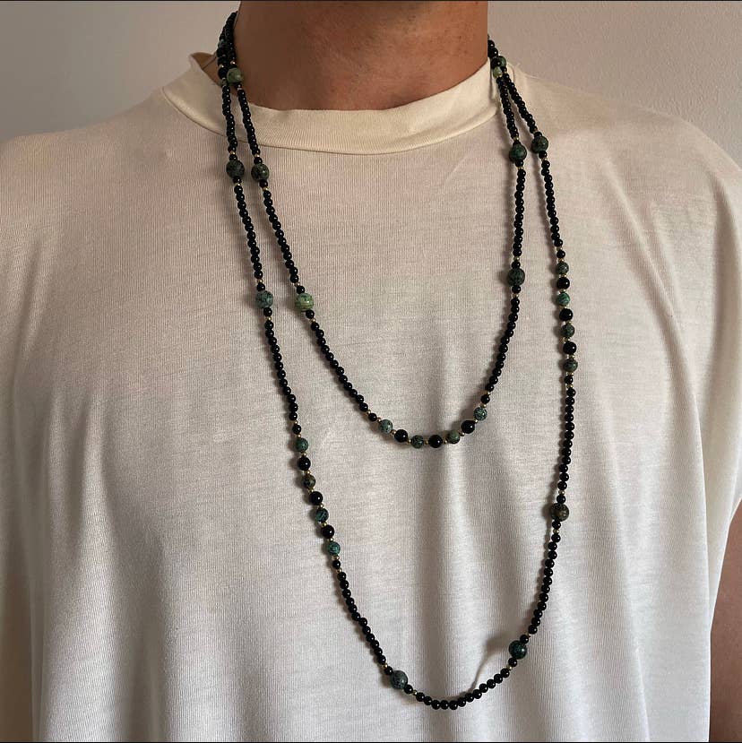Mens Extra Long Length African Turquoise Black Onyx Necklace
