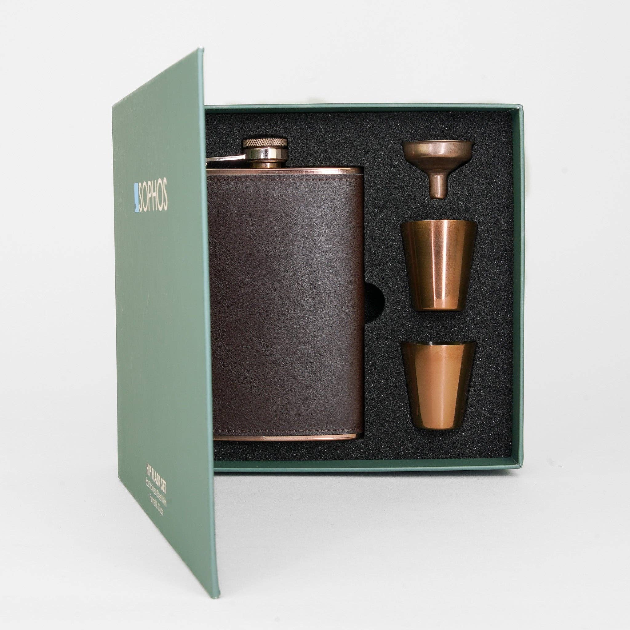 Copper and Brown Hip Flask 4-Piece Gift Set - 8 Oz | Sophos
