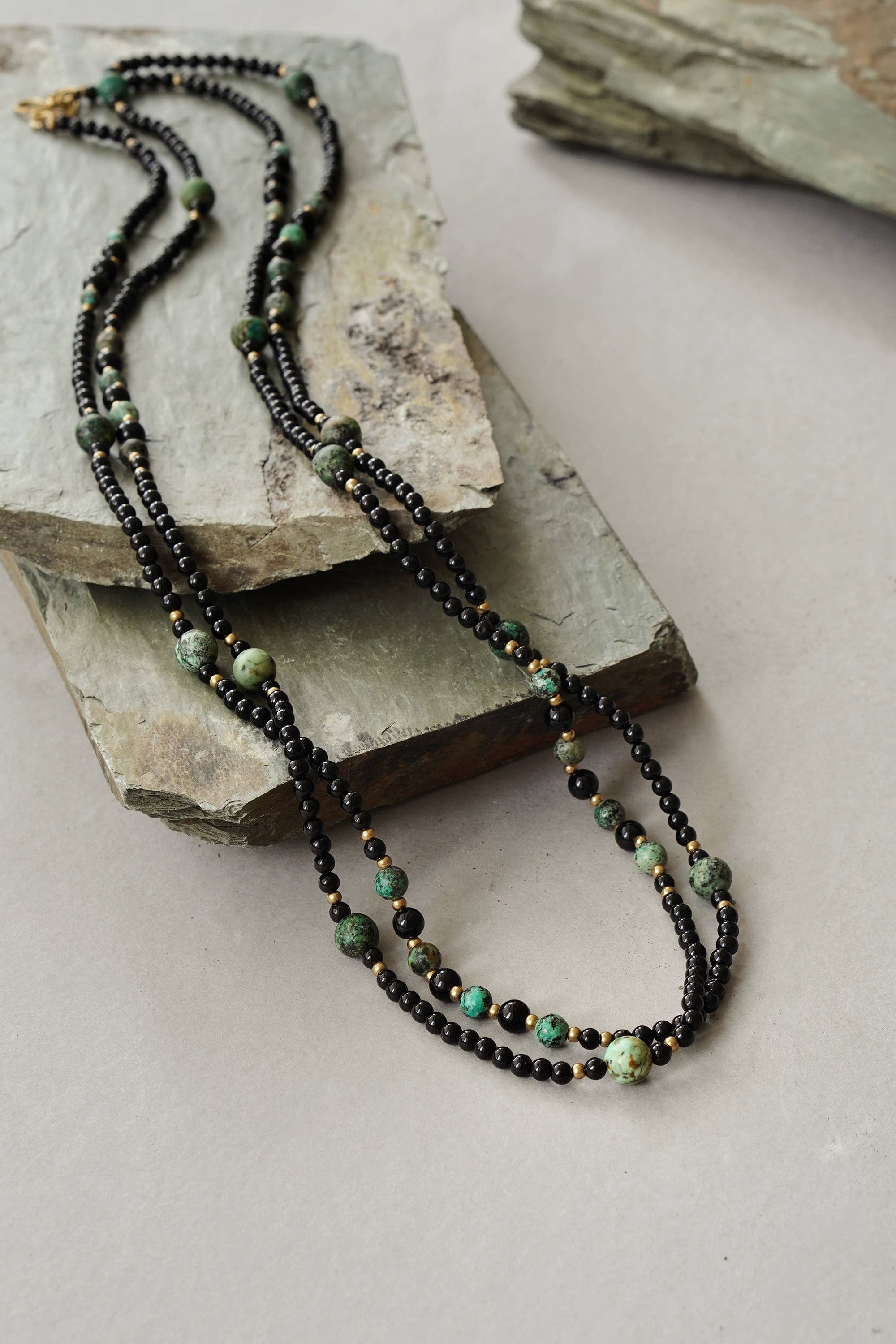 Mens Extra Long Length African Turquoise Black Onyx Necklace