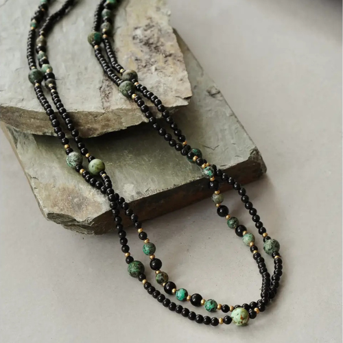Mens Extra Long Length African Turquoise Black Onyx Necklace