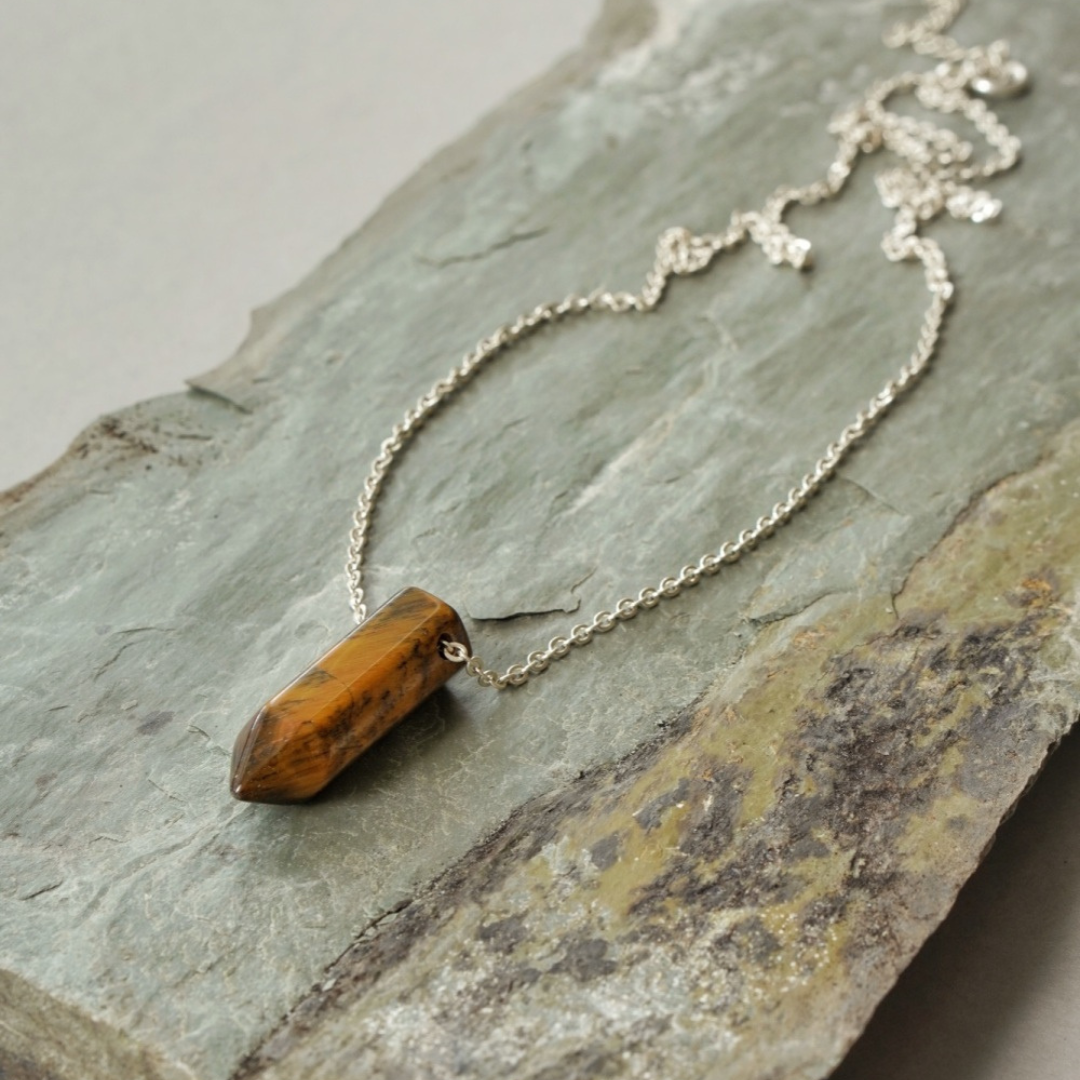 Mens 925 Sterling Silver Tigers Eye Bullet Pendant Necklace